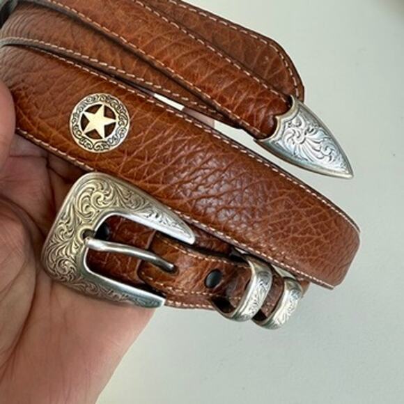 Unknown Other - Western Tooled Silver Buckle‎ Belt American Bison Leather Brown Size 48 Cowboy